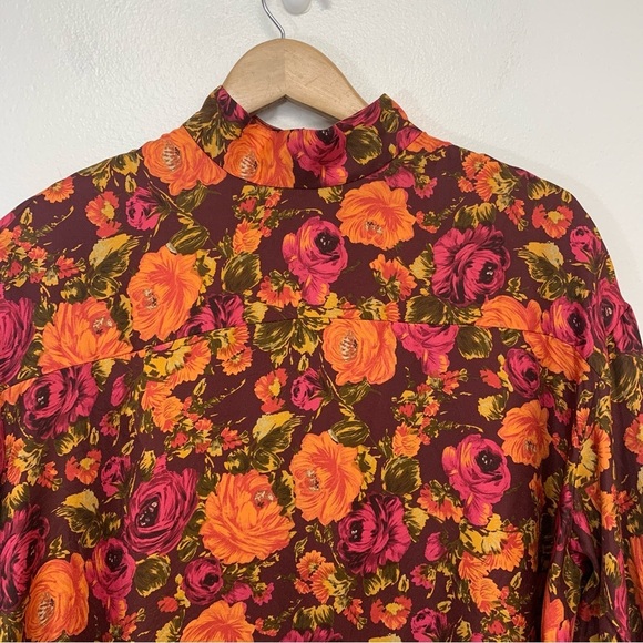 Zara Silk Blouse‎ Top Woman Medium  Purple Floral High Neck Colorful Tropical - Picture 2 of 13